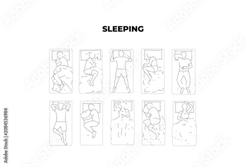 Fotografija CAD sleeping people top view line drawing set, bed plan view human figures resti