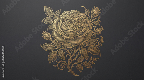 Luxury Gold Rose Engraving with Floral Outline on Dark Background