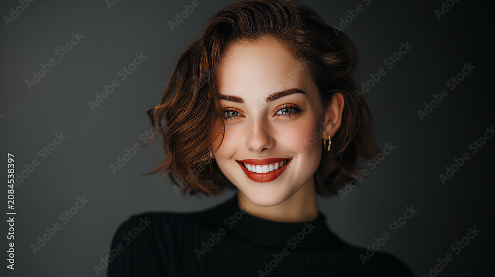 Fototapeta premium A joyful woman smiles radiantly, showcasing her confidence and beauty in a professional portrait.