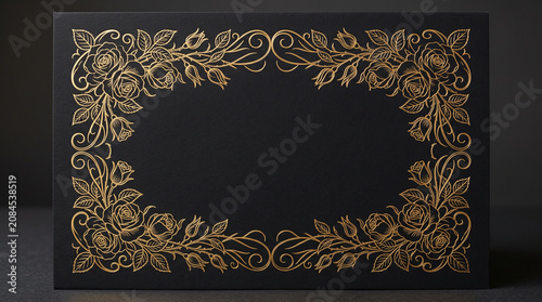 Elegant Gold Foil Rose Outline Frame on Premium Black Paper Background