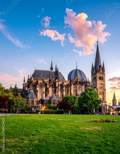 Historic European cathedral with spires at golden hour.