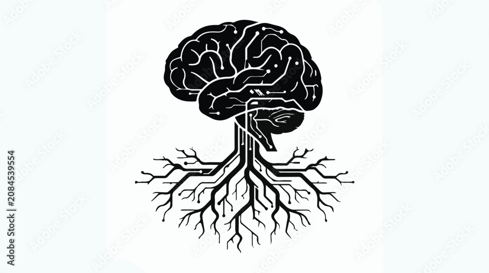 Fototapeta premium Brain with roots, symbolizing knowledge and growth