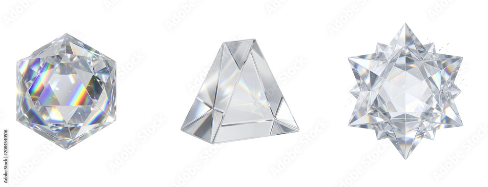 Fototapeta premium Three clear diamonds with different cuts on transparent background