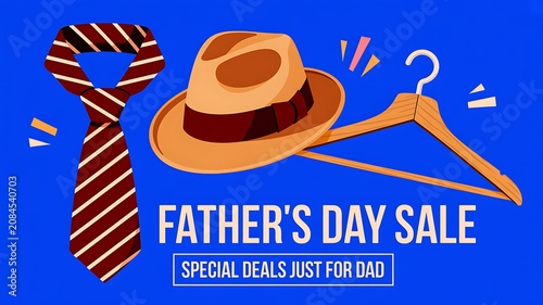 A promotional image featuring blue balloons and gift boxes with a Father's Day sale advertisement
