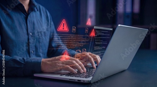Foto cybersecurity malware detection system with red alert warnings, digital threat analysis on laptop, and real-time network protection against data breach and cyberattacks