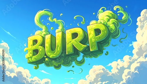 Cartoon green monster character burping in water.
