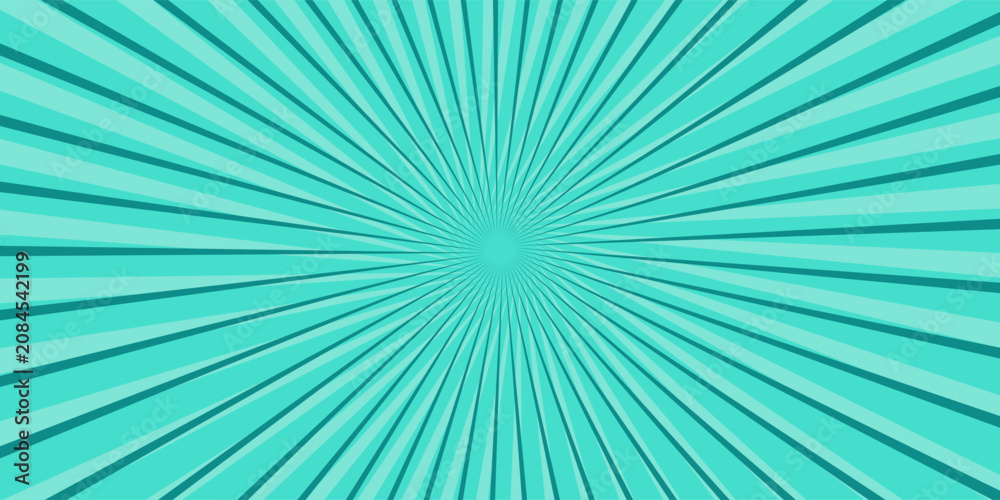 Obraz premium Turquoise manga comic book style background with a radial sunburst pattern and halftone dots