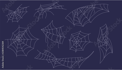 Spooky Halloween spiderweb elements collection set. Creepy white cobwebs of various shapes isolated on dark blue background. Festive autumn design vector illustration. 