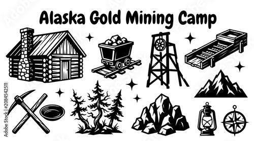 Foto historic alaska gold mining camp with wooden cabins mining carts equipment rocky