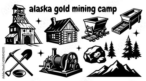 Fotografía historic alaska gold mining camp with wooden cabins mining carts equipment rocky