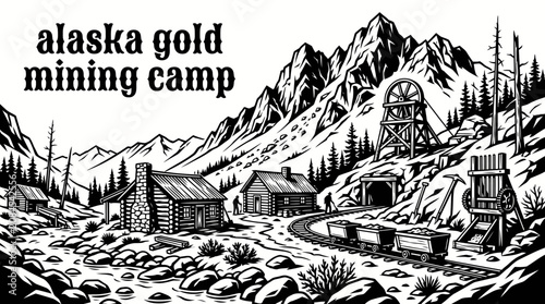 Photography historic alaska gold mining camp with wooden cabins mining carts equipment rocky