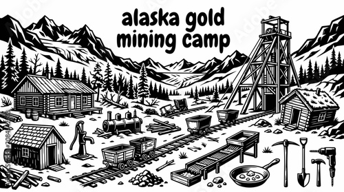 Foto historic alaska gold mining camp with wooden cabins mining carts equipment rocky