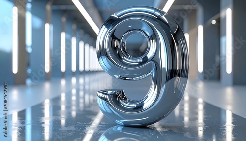 A large metallic sculpture stands prominently in a modern interior with reflective floors.