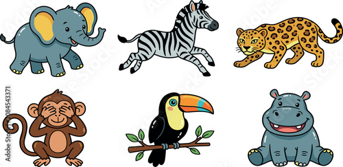 Photography Cute Cartoon Safari Animals Vector Collection with Walking Elephant Running Zebr