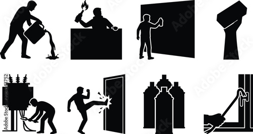 Photos Black silhouette icons depicting vandalism rioting crime and property damage act