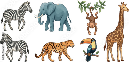 Canvas Print Hand Drawn Safari Wild Animal Vector Set Featuring Zebras Large Elephant Hanging