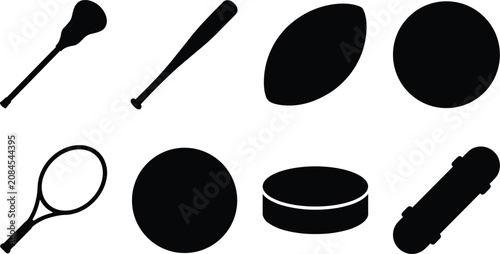 Photography Sports equipment vector silhouette set featuring lacrosse stick baseball bat rug