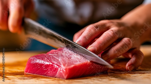 Prompt: A close-up masterclass food photography shot focusing on a Japanese sushi chef slicing a premium piece of fresh tuna (Otoro) with a traditional Yanagiba knife. Shot on a Canon EOS R3, 