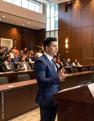 Businessman speaking at corporate conference podium.