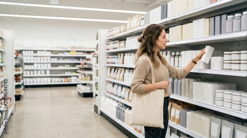 Woman shopping in modern retail store aisle examining product packaging