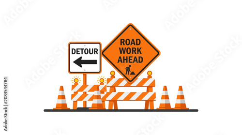 Under construction road work ahead sign with detour and orange cones