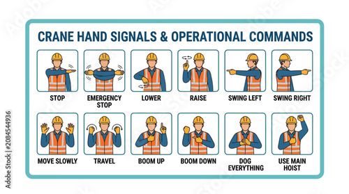 Construction Crane Operator Hand Signals and Operational Commands Safety Infographic