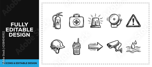 Photos Black ink scribble hand drawn fire protection and safety gear icon set bundle featuring extinguisher alarm and siren for industrial building vector sketch doodles design art