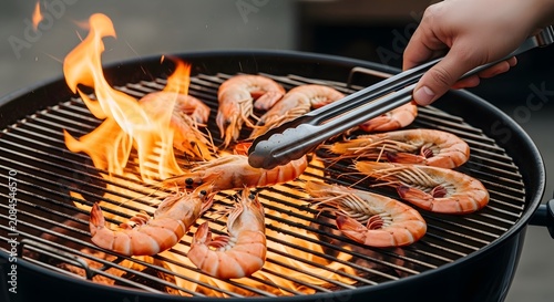 Shrimp being grilled on a barbecue with tongs turning them
