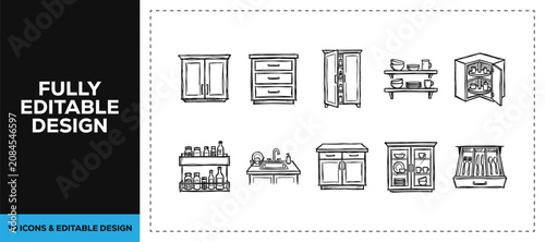Black ink scribble hand drawn home interior furniture icon set bundle featuring cabinets and wardrobe for room renovation and apartment lifestyle vector sketch doodles design art.