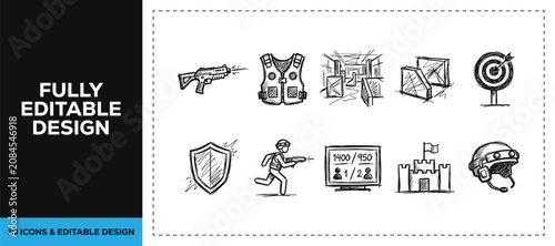 Photos Black ink scribble hand drawn war and combat icon set bundle featuring soldier tank and fortress for military history and battle museum branding vector sketch doodles graphics