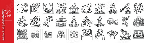 Civic Holiday Icon Pack Featuring Community Events, Government Buildings, and National Celebrations with Detailed Line Art Illustrations