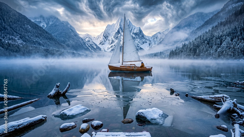 Wooden Sailboat Floating on Calm Alpine Lake Surrounded by Snow Covered Mountains