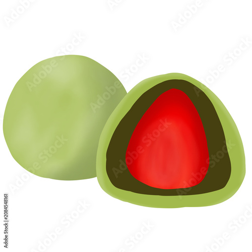 Japanese matcha green tea mochi daifuku with sweet red bean paste and fresh strawberry filling isolated illustration