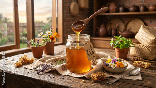 Fresh Organic Honey Dripping into Glass Jar on Rustic Wooden Table with Natural Morning Light