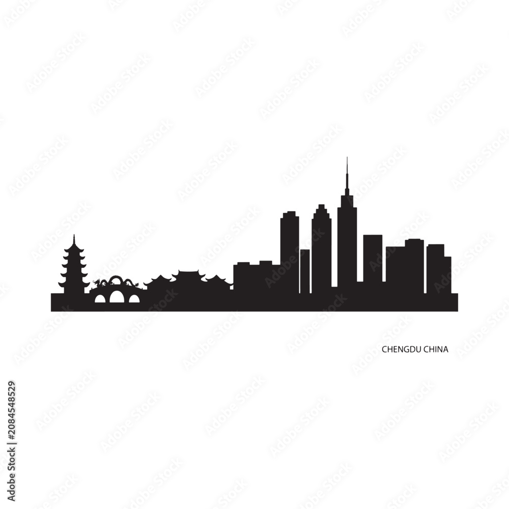 Obraz premium Chengdu Skyline Silhouette Against White Background Cityscape Illustration