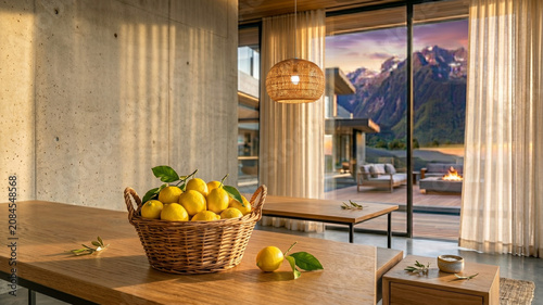 Fresh Yellow Lemons in Ceramic Bowl on Elegant Dining Table with Mountain View Background