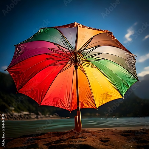 Vibrant, opened umbrella on sand by water