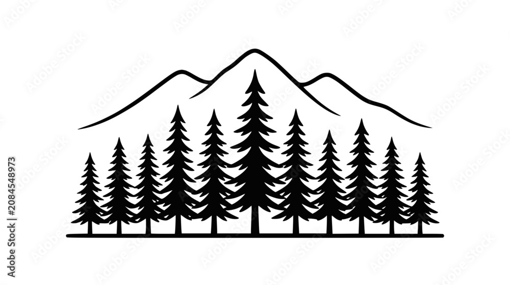 Obraz premium Black and White Line Drawing of Pine Forest and Mountain Peaks