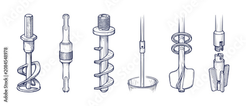 Canvas Print Industrial mixer paddle drill attachments in sketch illustration style showing mechanical shafts, impeller blades, paint stirrers, and hardware tools set isolated on white background