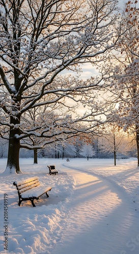 Snow covered park bench in winter sunlight.