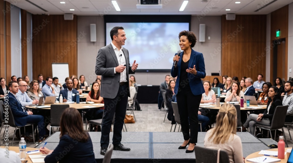 Obraz premium Diverse business professionals engage in a lively presentation and discussion at a corporate conference event