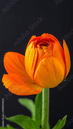 Vibrant orange bud with green stem and leaves