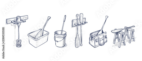 Foto Drywall plastering tools sketch set featuring electric paddle mixers, buckets, tool bag and carpentry sawhorses for DIY home renovation projects in hand drawn vintage engraving line art style icons