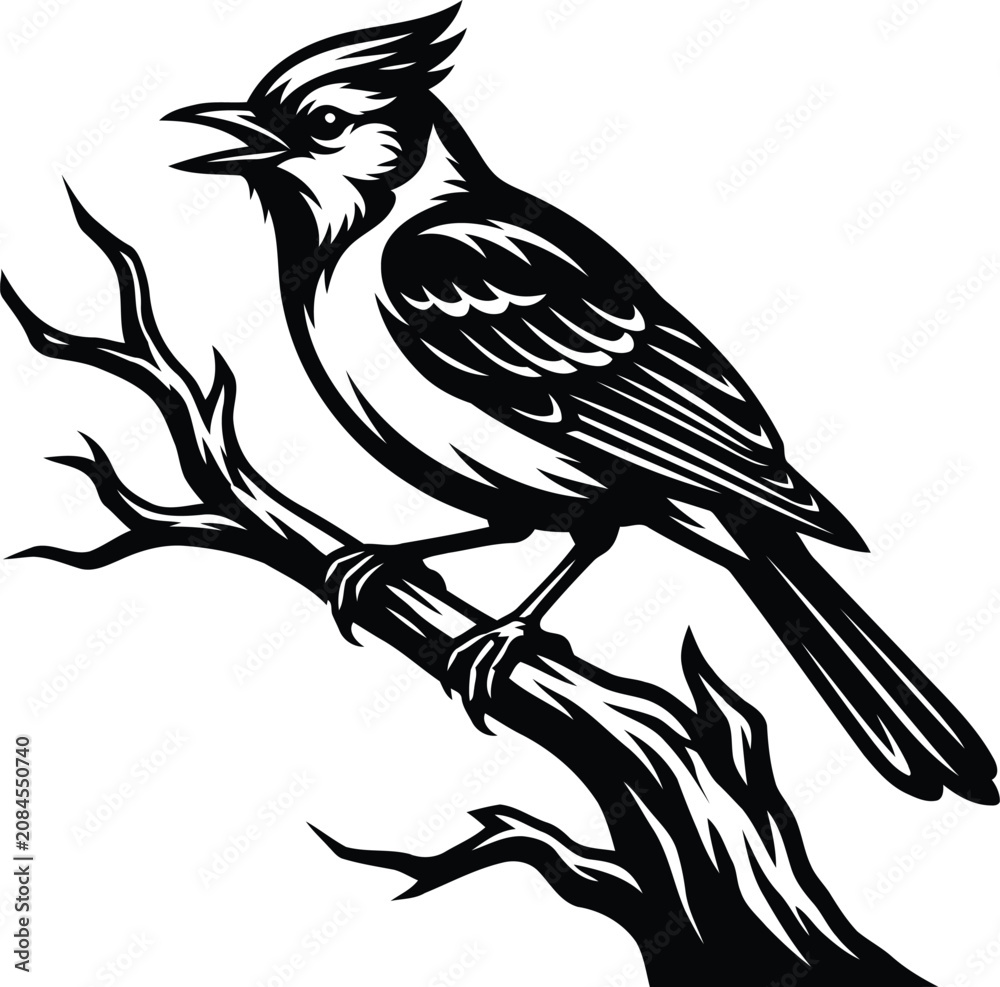 Fototapeta premium Blue jay bird perched on a tree branch black and white vector graphic