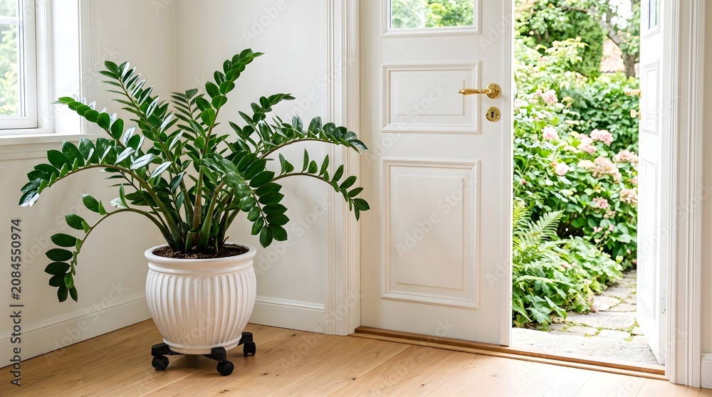 Fototapeta premium Zamioculcas zamiifolia plant in a white pot by an open door