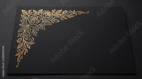 Elegant Gold Rose Floral Corner Decoration on Premium Black Paper Background