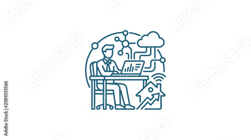 Businessman working on laptop within technological ecosystem.