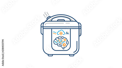Smart kitchen multi-cooker with brain and steam icons.