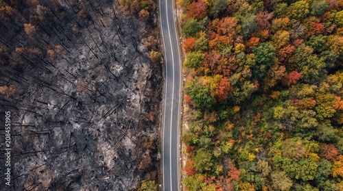 Wildfire Aftermath and Autumn Beauty: A stark contrast divides the frame with a road separating a landscape devastated by wildfire on one side and a vibrant, colorful autumn forest on the other.