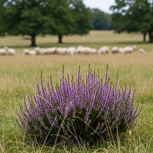 Purple thistle flower blooming in tall green grass field.